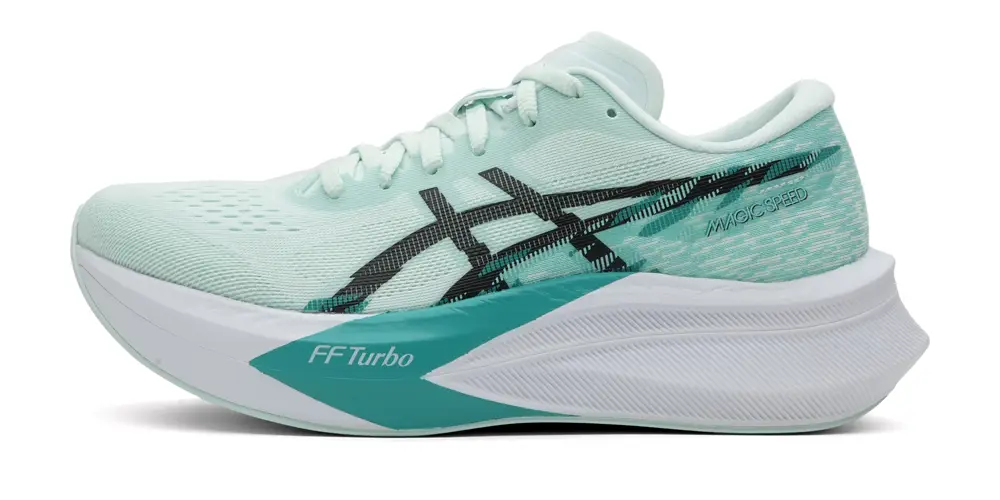 Dames hardloopschoen ASICS Magic Speed – blauwgroen met zwarte details