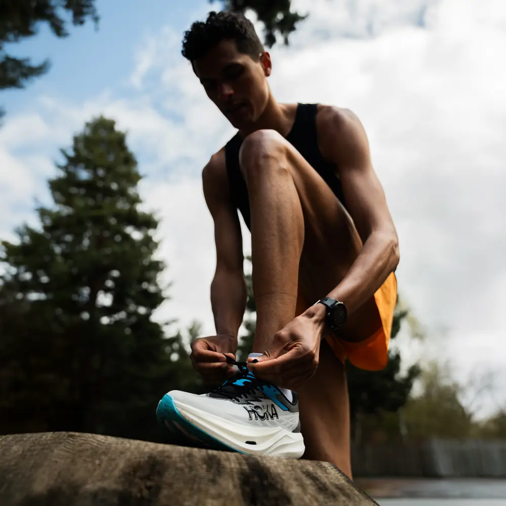 HOKA Rocket X 3 running shoe, angled front-side view.